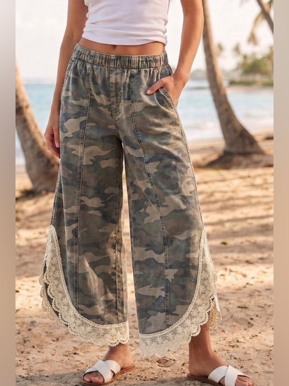 Effortless Boho Vibe: LovLov Lace Tulip Washed Camo Relaxed Fit Jeans Pants - Picture 3 of 6